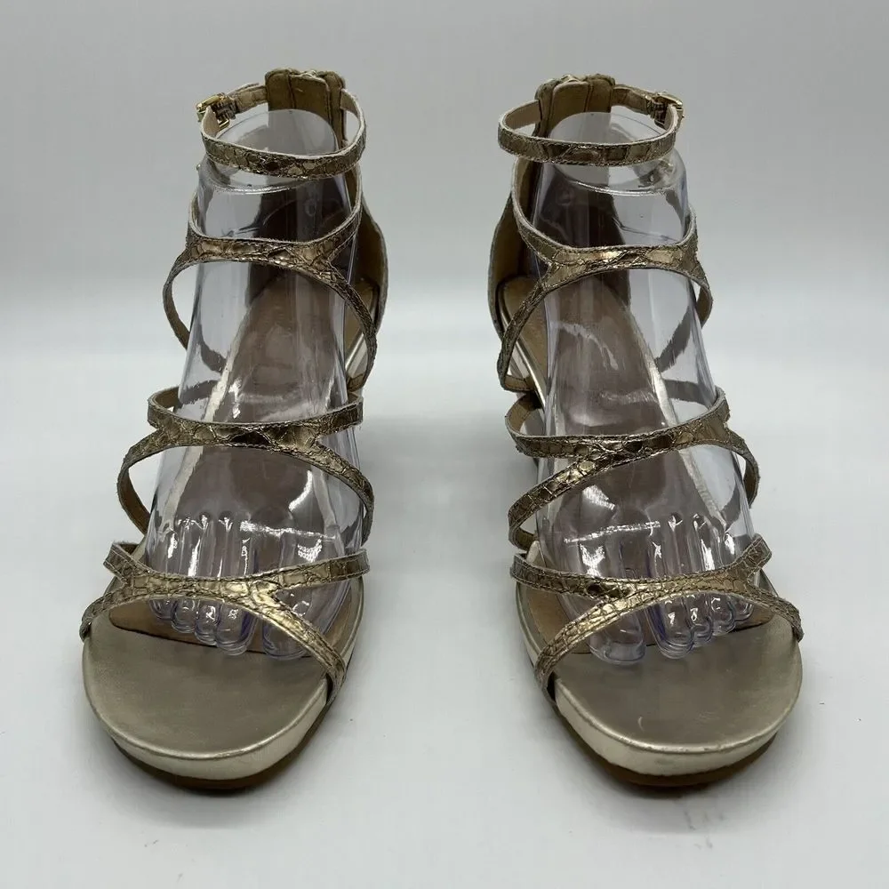 Eileen Fisher Women's 9.5 Gold Strappy Platform Wedge Shoes Sandals‎ Back Zip